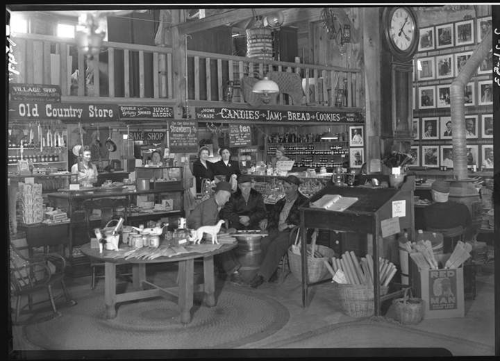 Black and white photo of old country store.